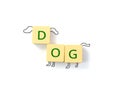 dog word written in cube, letter blocks arranges into DOG word and adding doodle pencil lines of ears, leg and tail over the imag Royalty Free Stock Photo