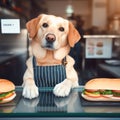 dog working hard behind the counter