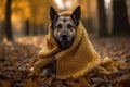 Dog wrapped blanket in park. Generate Ai