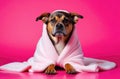 Dog wrapped in a terry towel on a pink background with space for text or graphic design. Grooming, dog salon, dog Royalty Free Stock Photo