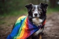 Dog wrapped up in a LGBT color flag. Gay pride animals. Homosexual relationships and transgender orientation concept. Royalty Free Stock Photo