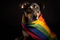 Dog wrapped up in a LGBT color flag. Gay pride animals. Homosexual relationships and transgender orientation concept. Royalty Free Stock Photo