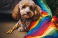 Dog wrapped up in a LGBT color flag. Gay pride animals. Homosexual relationships and transgender orientation concept. Royalty Free Stock Photo