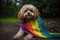 Dog wrapped up in a LGBT color flag. Gay pride animals. Homosexual relationships and transgender orientation concept. Royalty Free Stock Photo