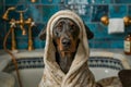 A dog wrapped up in a towel in a bathtub. Generative AI