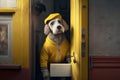 A dog in a yellow postman uniform delivers a package, created with Generative AI technology