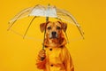 Dog in yellow raincoat holding umbrella, prepared for rainy autumn season concept.