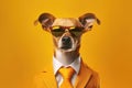 dog in yellow suit over orange background.