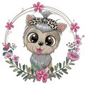 Dog Yorkshire Terrier with a bow on with a flower wreath