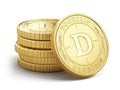 Doge Dogecoin cryptocurrency concept. Stack of Gold Dogecoin on white backround