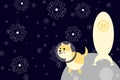 Doge in space illustration, dog on the moon with space rocket