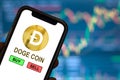 Dogecoin bit coin trading view buy or sell on smartphone with blur cryptocurrency market rising price screen background