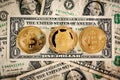 Dogecoin and Bitcoin on dollar banknotes