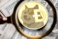 Dogecoin cryptocurrency coin under a magnifying glass