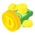 Dogecoin cryptocurrency icon isometric vector. Big dogecoin coin near cash money