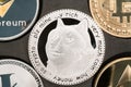 Dogecoin cryptocurrency real silver coin closeup