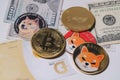 Dogecoin DOGE, bitcoin, Ethereum ETH, Shiba Coin, included with Crypto currency coin on stack 100 hundred new US dollar Money Ame