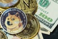 Dogecoin DOGE, bitcoin, Ethereum ETH, XRP Coin, included with Cryptocurrency coin on stack 100 hundred new US dollar Money