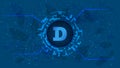 Dogecoin DOGE token symbol in digital circle with cryptocurrency theme on blue background. Cryptocurrency icon for banner or news