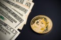 Dogecoin and dollars. Royalty Free Stock Photo