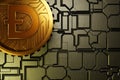 Dogecoin on a hard surface motherboard background. Doge crypto currency. 3D rendering