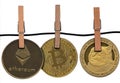 Dogecoin hung with Bitcoin and Ethereum Royalty Free Stock Photo