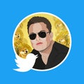 Dogecoin Twitter logo and Elon Musk portrait Royalty Free Stock Photo