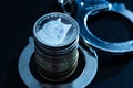 Dogecoins and handcuffs Royalty Free Stock Photo