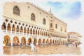 Doges Palace. Imitation of a picture. Oil paint. Illustration. City Venice