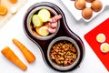 Dogfood set with vegetables, eggs and meat on table background top view Royalty Free Stock Photo