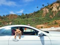 Doggie sticking his head way out in the wind on a trip down Pacific Coast Highway in Santa Monica, California