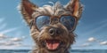 Doggone Funny Miniature Schnauzer Dog Strikes a Playful Pose with a Cute Smile and Sunglasses at the Beach. Generative AI