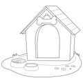 Doghouse and bowls of water and dog food. Vector black and white coloring page.