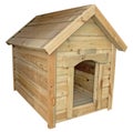 Doghouse with gable roof, made of laid horizontally wooden planks inserted into each other and fastened with screws, isolated Royalty Free Stock Photo