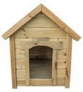 Doghouse with gable roof of yellow laid horizontally wooden planks inserted into each other and fastened with screws, isolated Royalty Free Stock Photo