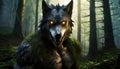 Dogman cryptid in forest. Werewolf half human half wolf canine. AI Generated Image.