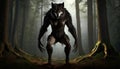 Dogman cryptid in forest. Werewolf half human half wolf canine. AI Generated Image.