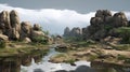 Dogon-inspired 3d Scene Atmospheric Oasis With Expansive Landscapes