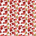 Dogrose berries seamless pattern. Vector background wild rose fruits with green leaf for design label syrup, tea