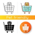 Dogs allowed supermarket, petshop icon. Doggy permitted shop, domestic animals welcome store. Happy puppy in shopping