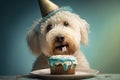 dogs in birthday caps sit at party. Illustration AI Generative