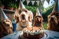 dogs in birthday caps sit at party. Illustration AI Generative