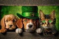 Puppies and Cat Peeking Over a Fence on St Patricks Day - AI Generative Royalty Free Stock Photo