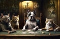 Dogs and cats play poker at the poker table in a pleasant environment.