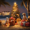 Dogs celebrate Christmas and New Year festivals at the sea.
