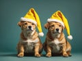 Dogs In A Christmas Hat, Merry Christmas Greeting Card.