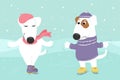 Dogs in clothes are skating under the snow.