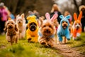 Dogs in costumes run happily in park parade.