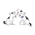 Dogs couple in love. Two cute loving dogs with red hearts. Royalty Free Stock Photo