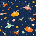 Dogs and cows in space sci fi seamless pattern in vector. Stars, spaceships, asteroids and stars illustration.